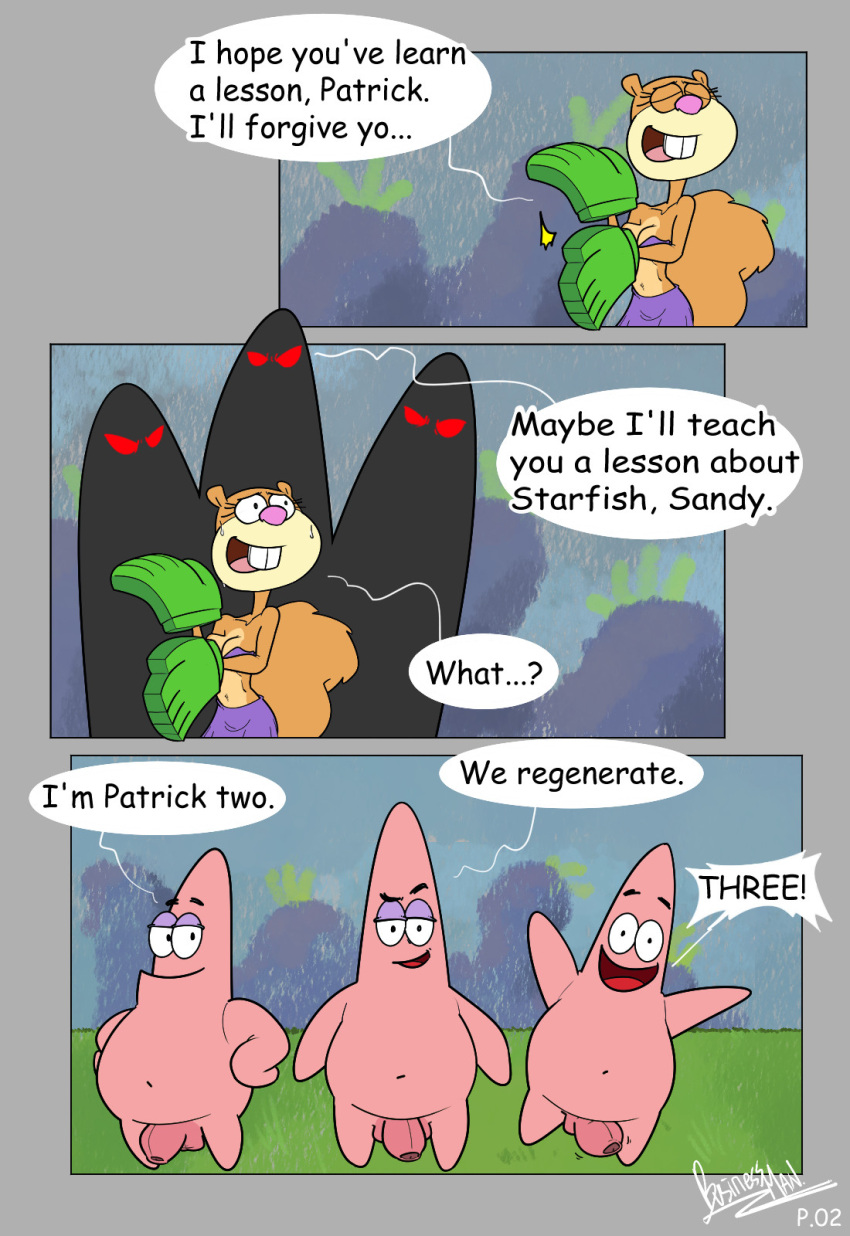 1girls 3boys anthro breasts brown_fur businessman_(artist) comic dialogue female fluffy_tail furry gloves grass looking_at_viewer male mammal multiple_boys nickelodeon nude_male open_mouth page_2 page_number patrick_star penis red_eyes rodent sandy_cheeks spongebob_squarepants squirrel starfish tail tree_squirrel