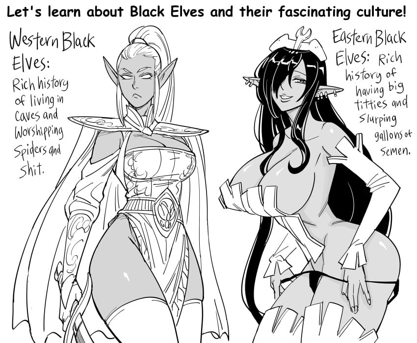 2girls absurdres bb_(baalbuddy) cape comic comparison dark-skinned_female dark_elf dark_skin ear_piercing elbow_gloves elf english_text gloves greyscale highres holding holding_sword holding_weapon kuroinu_~kedakaki_seijo_wa_hakudaku_ni_somaru~ long_hair looking_at_viewer looking_to_the_side monochrome multiple_girls olga_discordia original pelvic_curtain piercing pointing pointy_ears sword thighhighs weapon