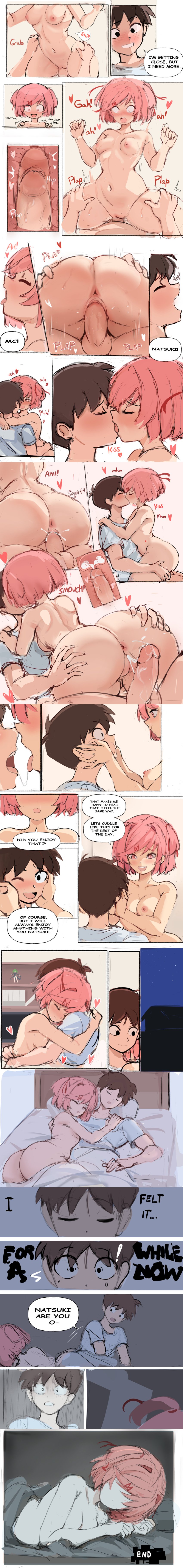 ass_focus bedroom blush brown_hair comic cum_in_pussy cum_leaking_out_of_pussy distortion doki_doki_literature_club end_page english_text faceless_female frightened grabbing_hips hair_ribbons heart holding_partner hugging kissing long_comic mc_(doki_doki_literature_club!) multiple_images naked_female natsuki_(doki_doki_literature_club) onomatopoeia patreon pink_eyes pink_hair plap_(sound) plapping rakeemspoon short_hair sleeping sound_effects