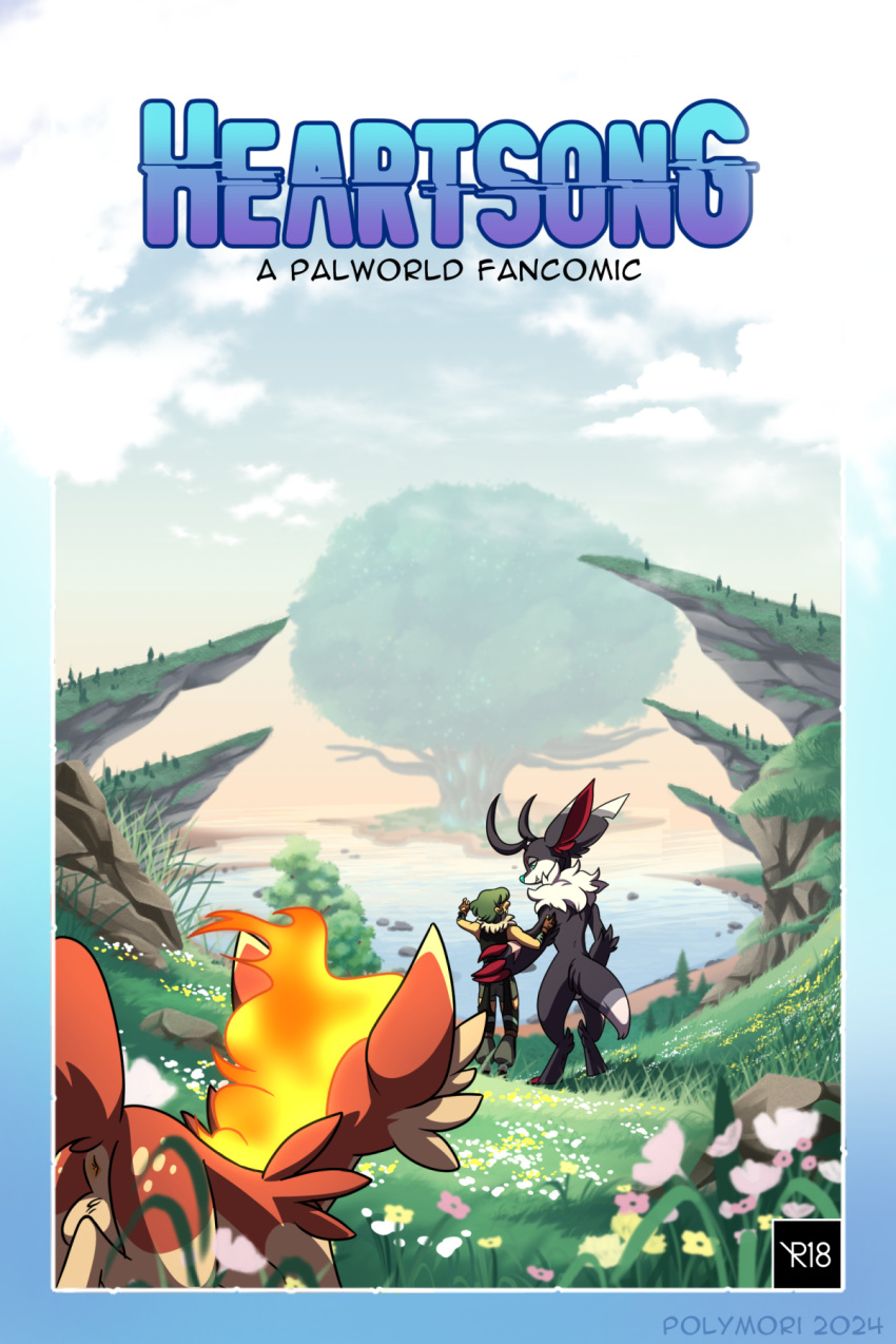 ambiguous_gender anthro antlers anus balls big_ears big_horn black_body black_fur blue_eyes blue_nose claws clothing comic cover cover_art cover_page dipstick_tail feral field fire flaming_hair flower fur genitals grass green_hair hair hi_res horn human long_claws looking_at_another loupmoon male mammal markings orange_body pal_(species) palworld plant pocketpair polymori pseudo_hair red_claws rooby_(pal) tail tail_markings tree water white_body white_fur