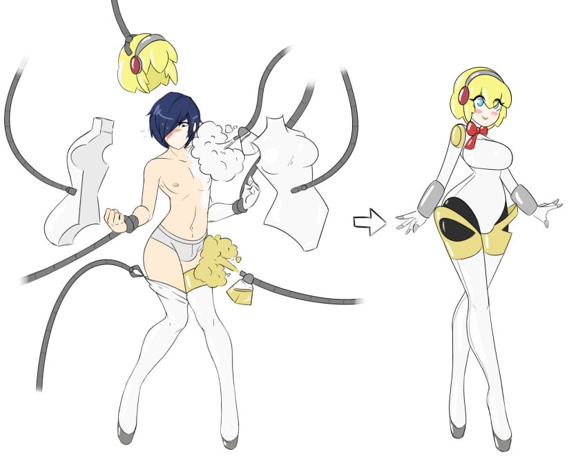 aegis_(persona) aigis_(persona) androgynous bimbo bimbofication blonde_hair blue_eyes brainwashing bulge crossdressing female femboy feminization girly gynoid minato_arisato objectification panties persona persona_3 rubber sealguy shin_megami_tensei transformation trap underwear wig