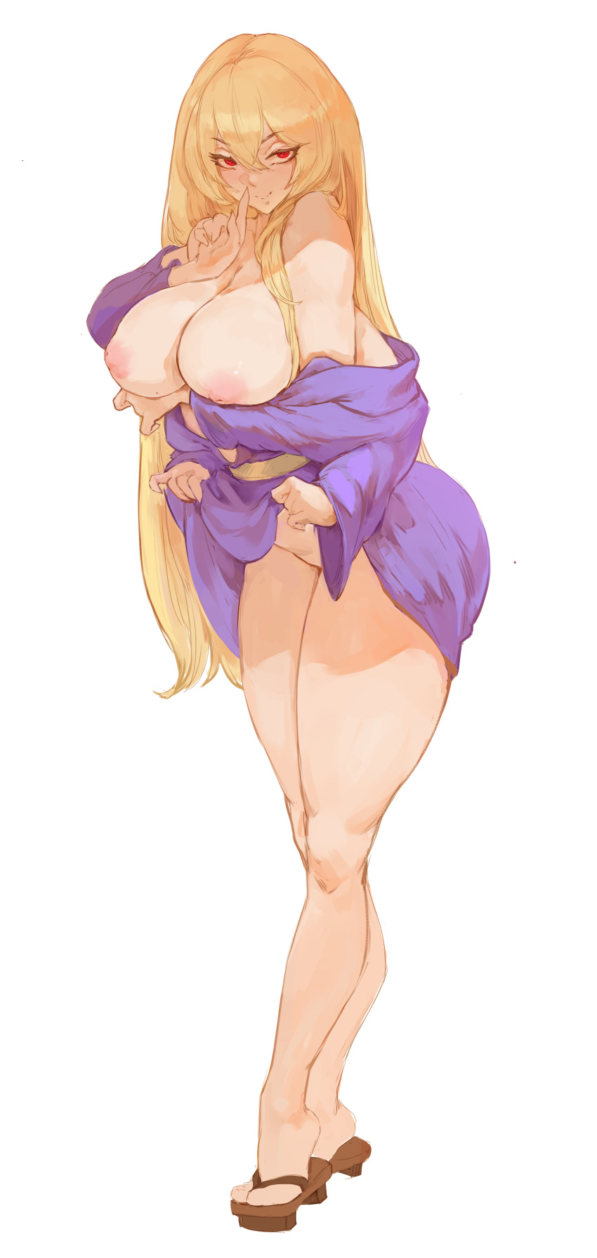 4_arms arm_under_breasts bathrobe blonde_hair clogs geta high_resolution highres kanipal_onayu large_ass large_breasts large_thighs lifting_clothing oc presenting red_eyes sandals silence_gesture succubus tezy8art