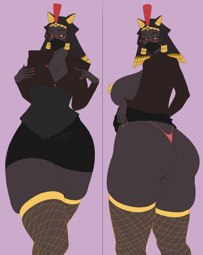 1girls big_breasts black_sclera business_attire business_suit cleavage dark_skin egyptian female_only fishnets glasses hajiramad huge_ass nipple_piercing oc red_nails robot_girl seductive_eyes seductive_look thong ych_result yellow_eyes