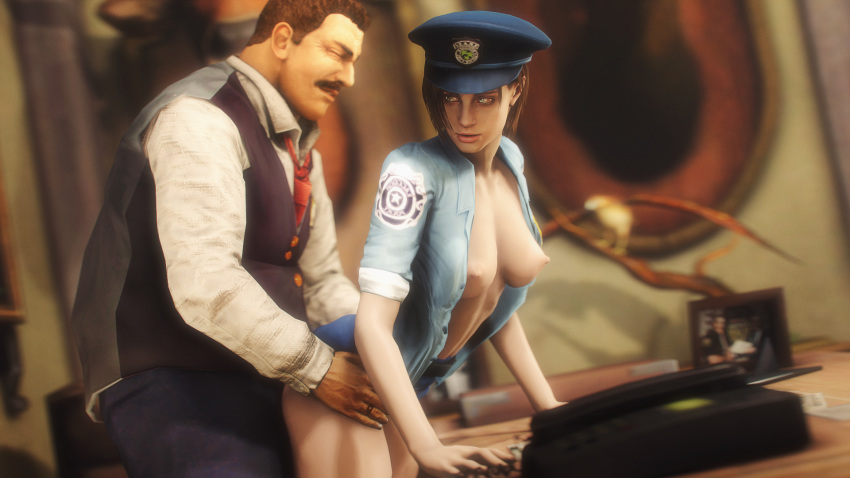 3d bending_forward brian_irons brown_hair capcom clothed_male functionally_nude_female jill_valentine jill_valentine_(julia_voth) light-skinned_female office_sex police_hat police_uniform policewoman resident_evil resident_evil_2 s.t.a.r.s sex_from_behind workplace zwift