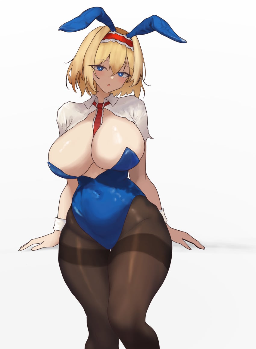 absurdres alice_margatroid animal_ears black_pantyhose blonde_hair blue_eyes blue_leotard blush breasts capelet cleavage commentary_request covered_navel dated_commentary female frilled_hairband frills groin hairband highres huge_breasts leotard looking_at_viewer moriforest1040 pantyhose playboy_bunny rabbit_ears red_hairband short_hair simple_background solo touhou upper_body white_background white_capelet