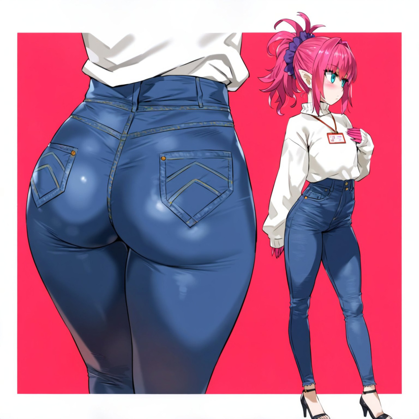 1girls ai_generated ass elizabeth_bathory elizabeth_bathory_(fate) fate_(series) full_body high_heels history jeans office_lady pink_hair public_domain serial_killer solo yamatoai