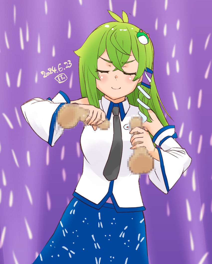 absurdres antenna_hair blue_skirt blush breasts censored closed_eyes closed_mouth collared_shirt commentary_request cowboy_shot crossed_bangs detached_sleeves dildo dual_wielding female frog_hair_ornament green_hair hair_between_eyes hair_ornament highres holding holding_sex_toy kei_jiei kochiya_sanae large_breasts long_hair medium_bangs meme mosaic_censoring my_deer_friend_nokotan purple_background sex_toy shikairo_days_dance_(meme) shikanoko_nokonoko_koshitantan shirt sidelocks single_hair_tube skirt sleeveless sleeveless_shirt smile snake_hair_ornament solo touhou v-shaped_eyebrows white_shirt white_sleeves