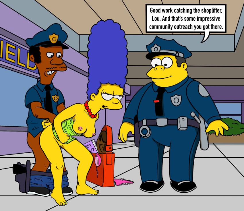 1girls 2boys bag blue_hair breasts chief_wiggum clothing dark-skinned_male dark_skin dildo doggy_style female hair_blue hat human indoors lockandlewd lou_(the_simpsons) male male/female marge_simpson mostly_nude_female necklace nipples panties pants_down police_hat police_officer policeman sex straight straight_sex text text_bubble the_simpsons yellow_skin