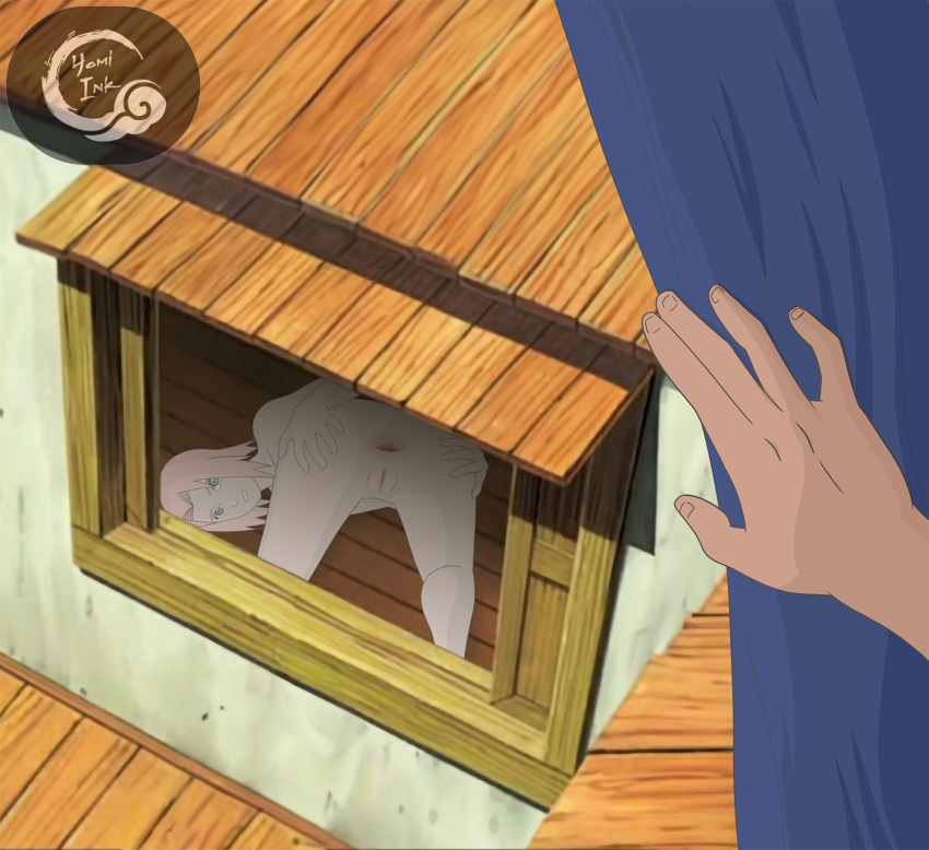 1girls all_fours anus gaping gaping_anus house naruto naruto_(series) naruto_shippuden neighbor sakura_haruno showing_ass spying waiting_for_sex window