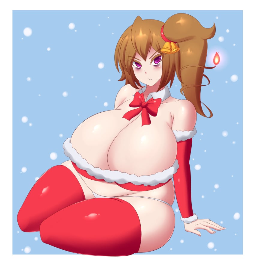 1girls annoyed bags_under_eyes bare_shoulders blue_background breasts brown_hair busty christmas chubby chubby_female cleavage detached_collar female female_only flame huge_breasts ife_(jcdr) jcdr lingerie looking_at_viewer original original_character ponytail purple_eyes side_ponytail solo thick_thighs thighhighs tied_hair