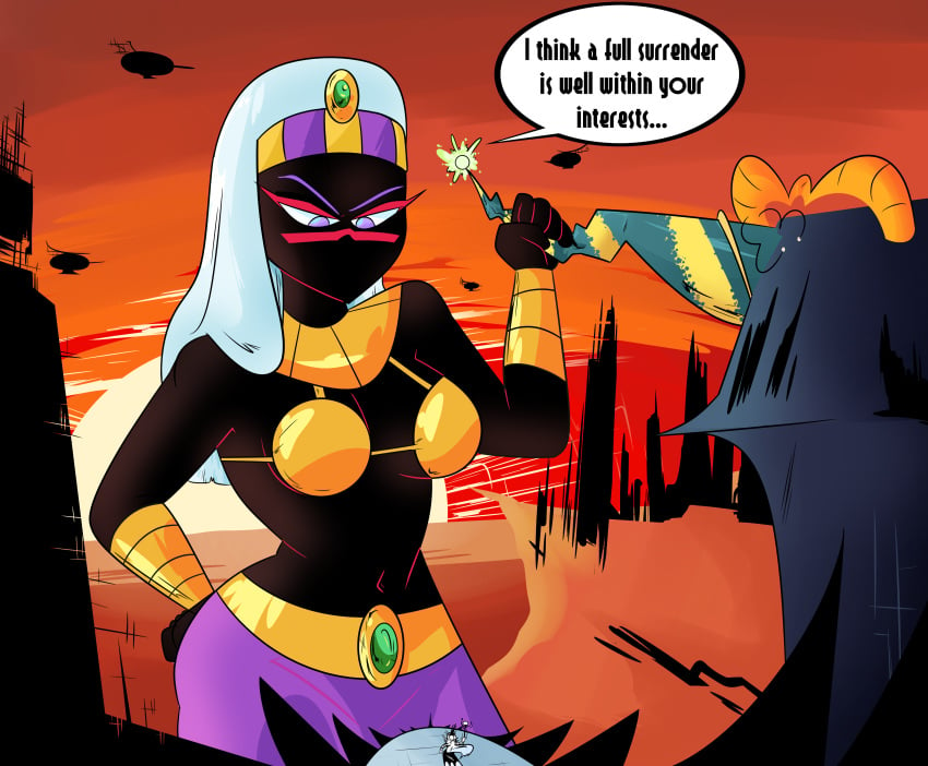 alien alien_girl alien_humanoid black_body dialogue dialogue_bubble duck_dodgers giantess golden_bikini_top looney_tunes martian martian_(duck_dodgers) queen_tyr'ahnee size_difference slugman_(artist) threatening warner_brothers