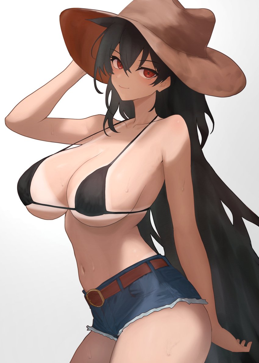 absurdres alternate_costume belt bikini black_bikini black_hair breasts female highres kurokoma_saki large_breasts long_hair looking_at_viewer moriforest1040 navel red_eyes saki_kurokoma sideboob simple_background solo stomach swimsuit tan tanline touhou underboob very_long_hair white_background