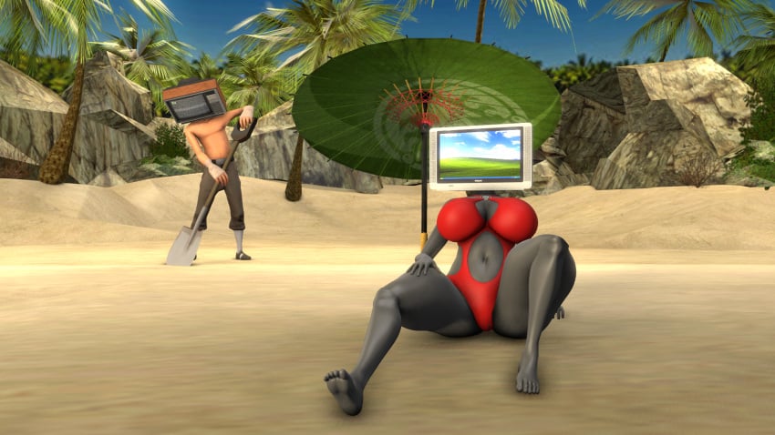 android beach big_ass big_breasts grey_skin robot_girl scout_(team_fortress_2) sfm swimsuit thick_thighs tv_head