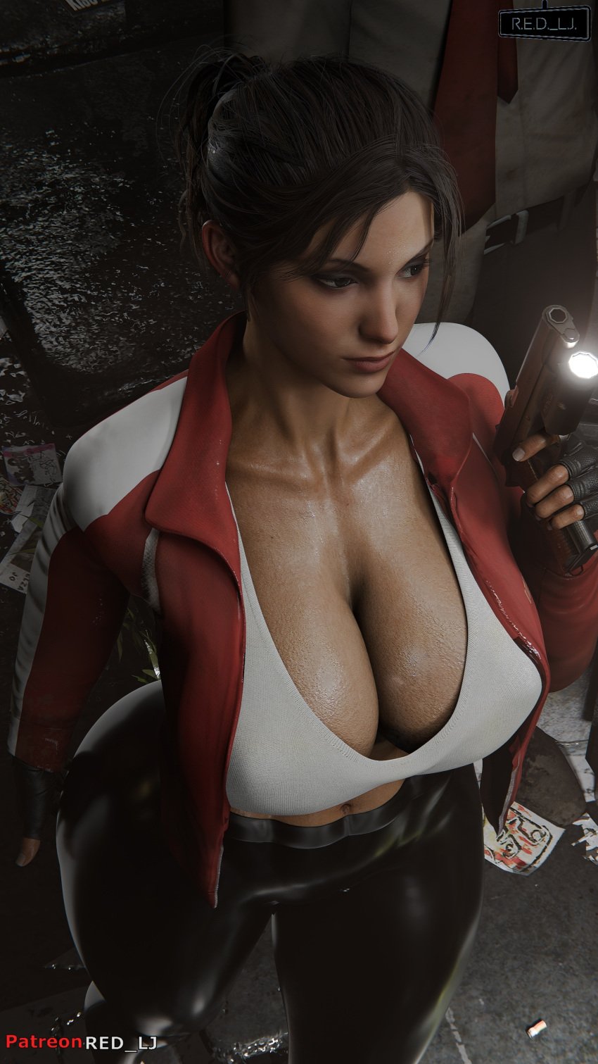 1boy big_breasts breast dark-skinned_male female_only green_eyes interracial left_4_dead leggings long_hair louis_(left_4_dead) open_jacket patreon_username ponytail red_jacket red_lj solo tied_hair valve valve_(company) weapon zoey_(left_4_dead)