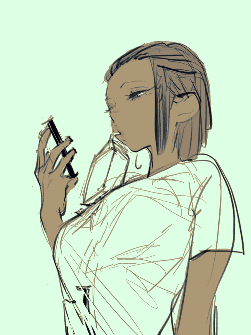 1girls clothed clothing dark-skinned_female dark_skin drink_on_breasts eizouken_ni_wa_te_wo_dasu_na! holding_phone keep_your_hands_off_eizouken looking_at_phone notagoblet sakaki_sowande simple_background simple_coloring sketch smartphone solo solo_female solo_focus