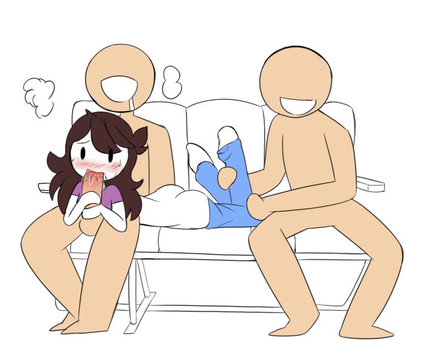 1girls 2boys animated ass blue_pants blush brown_hair drool fellatio female hair jaiden jaiden_animations long_hair male mob_face oral penis stickman stickmans youtube youtuber