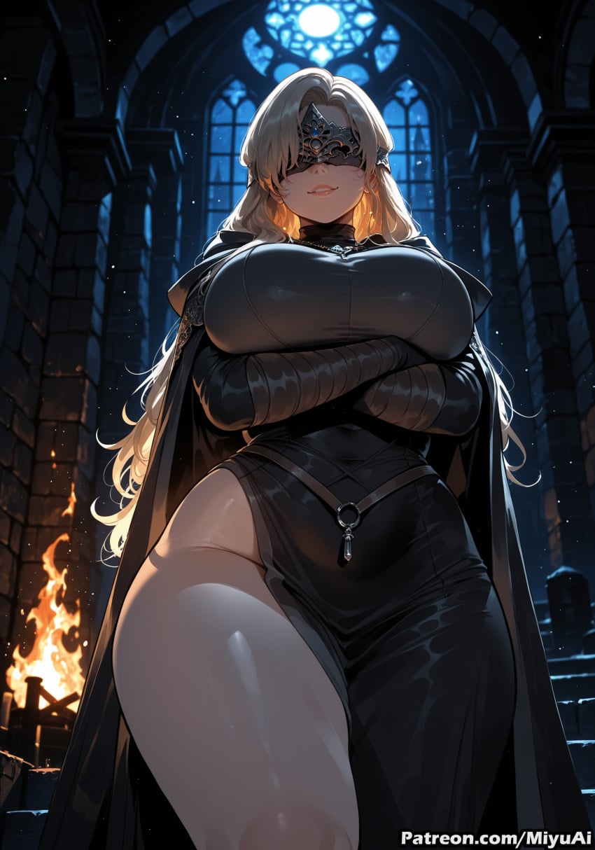 fire_keeper dark_souls_(series) miyuai ai_generated ai_assisted thick_thighs thick_ass thick thick_legs thick_hips thick_butt wide_hips wide_thighs voluptuous voluptuous_female curvy curvy_figure curvaceous curvy_female female breasts 1girl blindfold blonde_hair thighs solo rating:safe long_hair mask crossed_arms cape covered_eyes lips fire belt large_breasts arm_under_breasts huge_breasts breast_hold covered_nipples dress arms_under_breasts