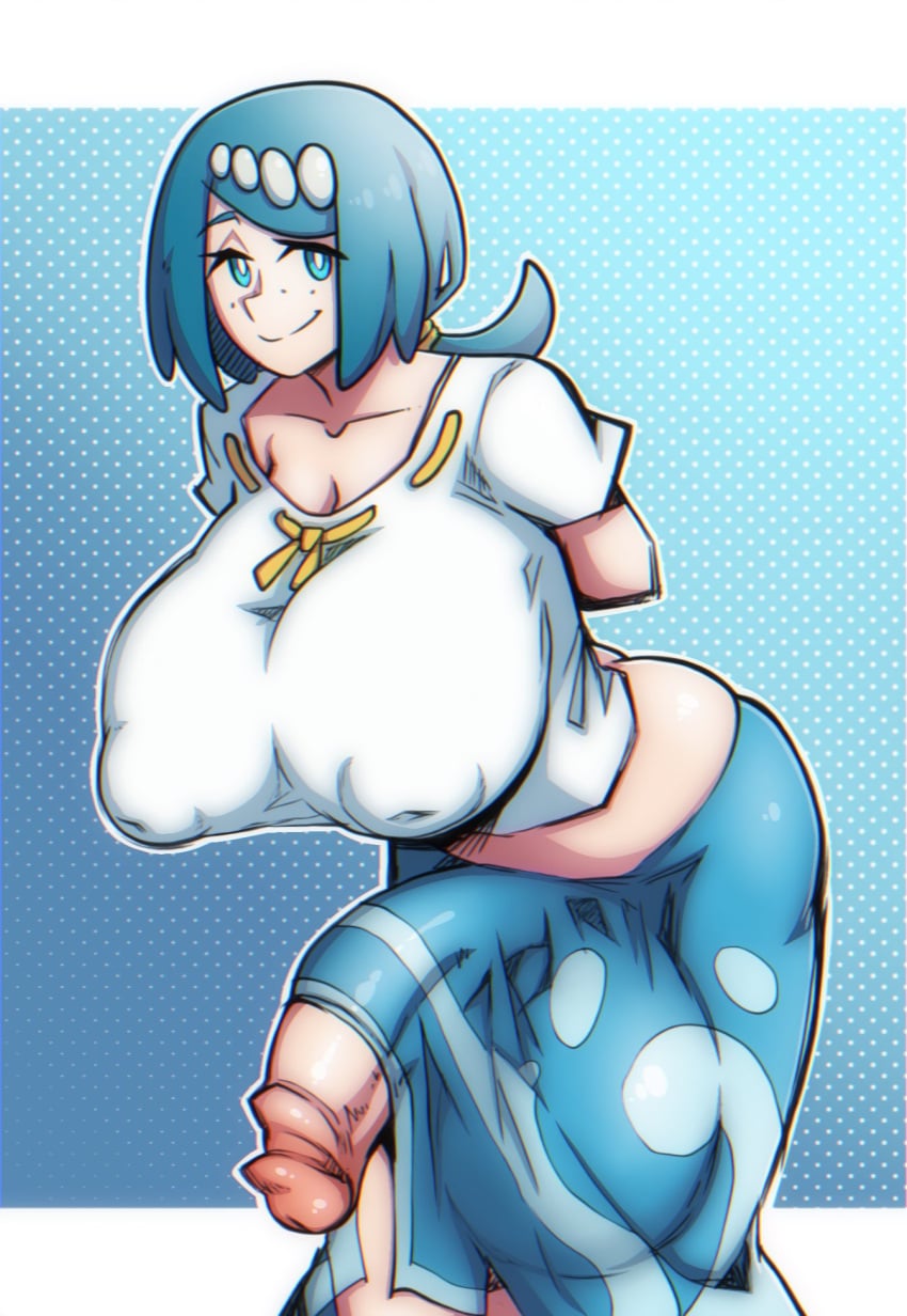 1futa blue_eyes blue_hair breasts collaboration covered_penis covered_testicles evoltodraw futanari game_freak gigantic_testicles huge_breasts huge_penis intersex lana's_mother_(pokemon) large_areolae looking_at_viewer parallaxfused penis pokemon pokemon_sm shirt smile solo testicles white_shirt