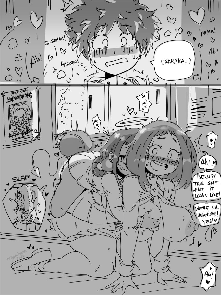 1boy 1futa 1girls achan_(argonchann) angel argonchann blush caught caught_in_the_act cucked_by_futa cuckold devil_tail doggy_style futa_on_female groping groping_breasts groping_from_behind halo heart huge_ass huge_balls huge_breasts izuku_midoriya monochrome my_hero_academia netorare ochako_uraraka original original_character penetration pubic_hair school_uniform sex sketch small_but_hung sweat teenager text