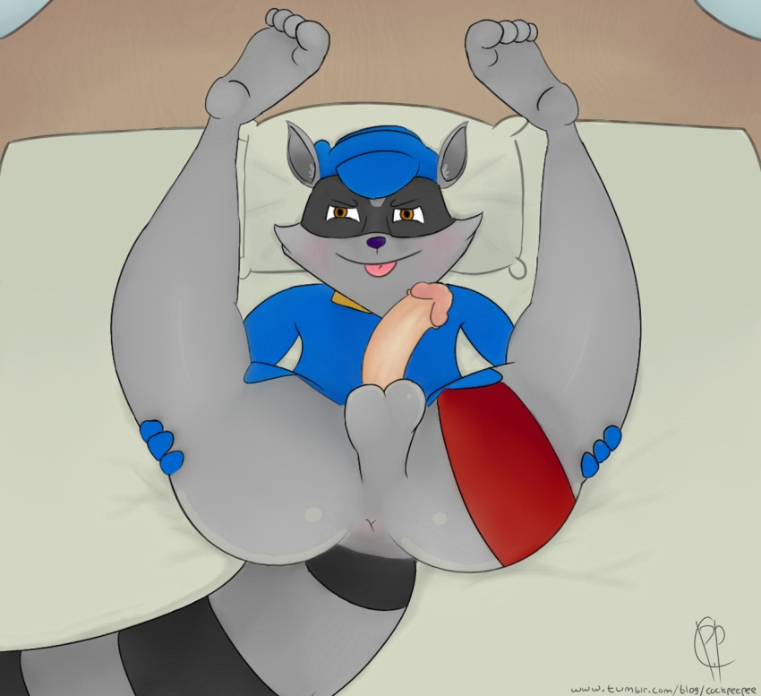 ass balls bed bed_sheet bedding cockpeepee feet gay male male_only mammal penis presenting procyonid raccoon sly_cooper sly_cooper_(series) smooth_fur solo tongue video_games