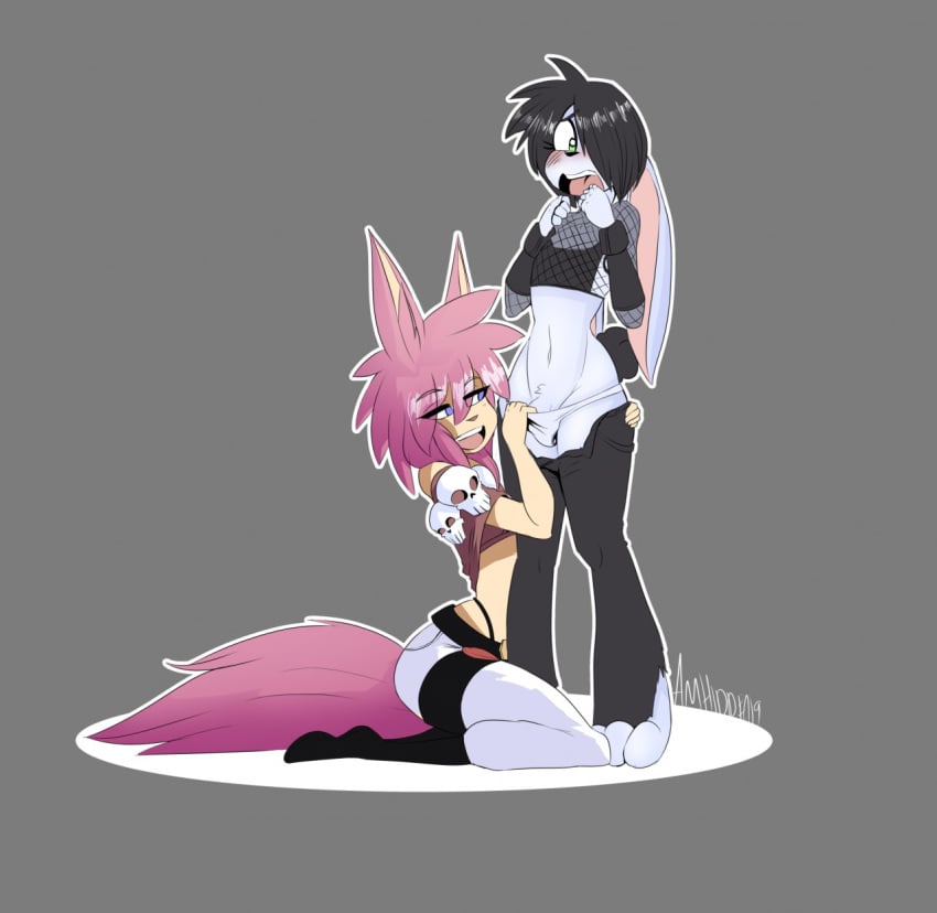 2019 amhidden anthro avery blush canid canine clothed clothing digital_media_(artwork) duo fox fur girly hair lagomorph leporid male mammal open_mouth penis rabbit salem shirt simple_background smile throaty topwear underwear white_body white_fur