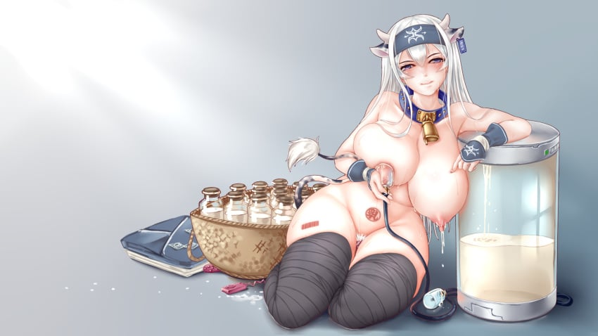 1girls animal_ears areolae bandana bell bell_collar blush bottle branding_mark breasts collar cow_ears cow_horns cow_tail cowbell ear_tag female headband highres horns huge_breasts kamoi_(kantai_collection) kantai_collection lactation long_hair looking_at_viewer milk_bottle milking_machine nipples nude pubic_hair purple_eyes sitting smile solo tail tattoo vibrator white_hair yakou yakou_(4507770)