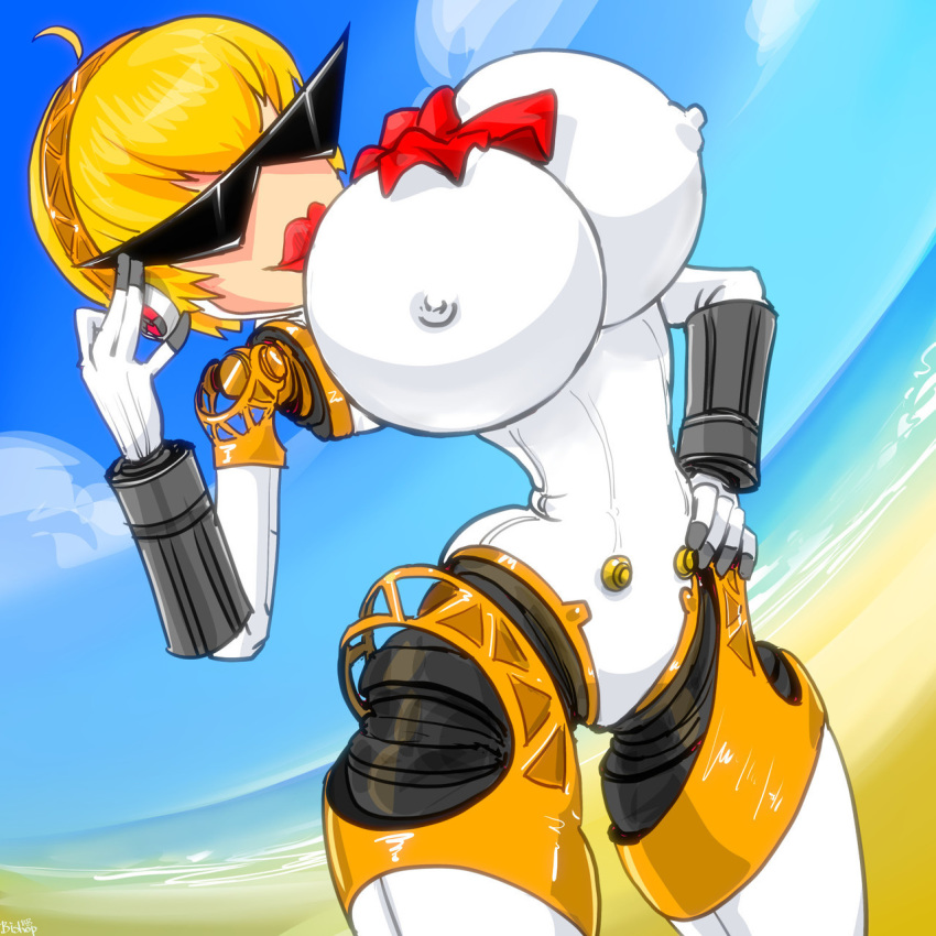 aegis_(persona) aigis_(persona) bimbo bimbofication breasts colored disney female female_only gynoid huge_breasts knick_knack large_breasts lips nipples permanent_smile persona persona_(series) persona_3 pixar shin_megami_tensei solo solo_female sunglasses sunnification transformation