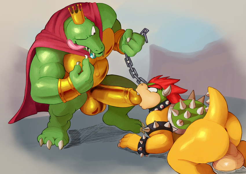 2boys anthro anus ass balls big_balls big_penis bowser bracelet cape chains claws clothing collar crown daftpatriot domination donkey_kong_(series) duo erection foreskin full_body gay huge_cock jewelry k_rool male male_only mario_(series) multiple_boys nintendo nude oral penis raised_tail simple_background spiked_bracelet spiked_collar spikes standing teeth thick_penis tongue uncircumcised uncut video_games yaoi