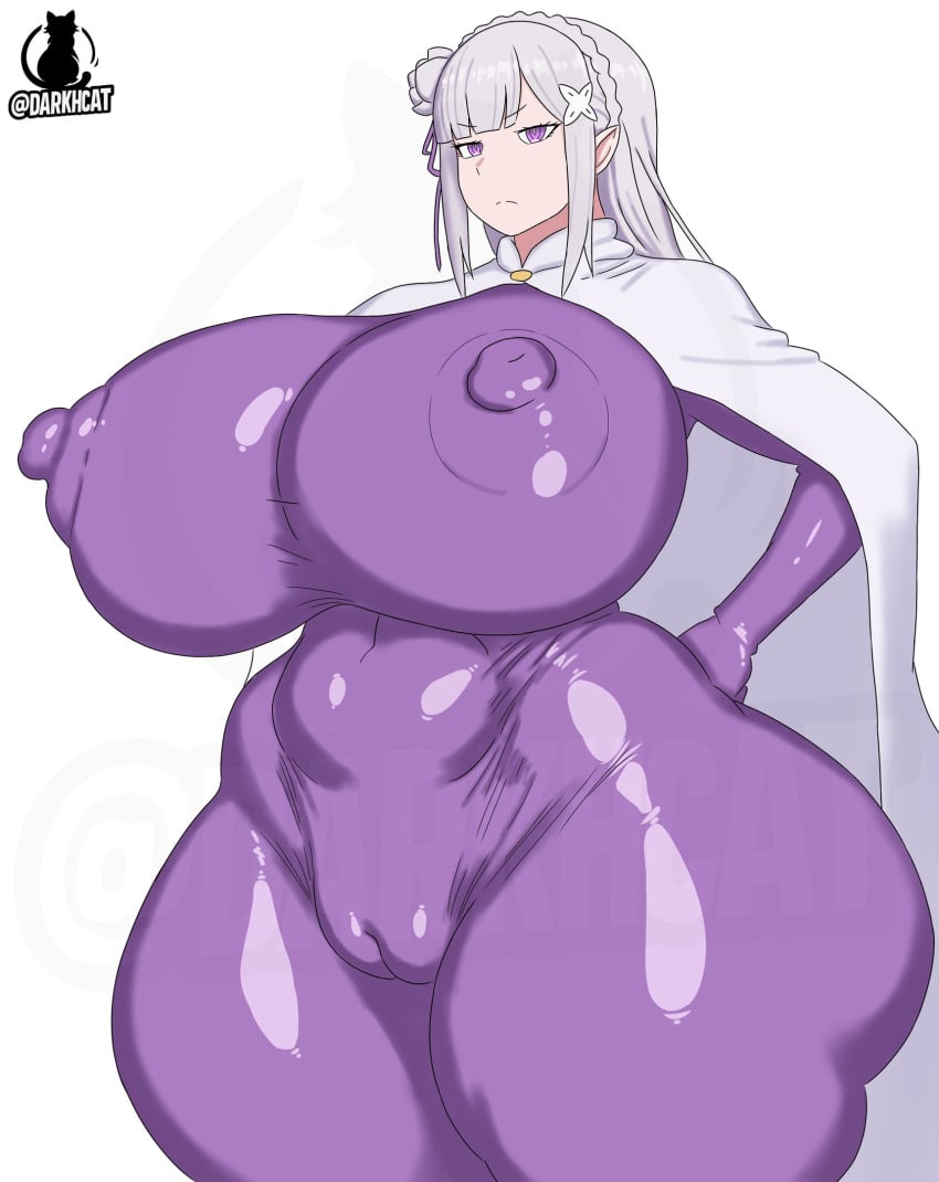 darkhcat emilia_(re:zero) re:zero_kara_hajimeru_isekai_seikatsu 1girls big_breasts huge_breasts big_ass huge_ass bodysuit breasts purple_eyes thighs solo long_hair thick_thighs rating:questionable wide_hips covered_nipples hair_ornament looking_at_viewer cameltoe silver_hair skin_tight