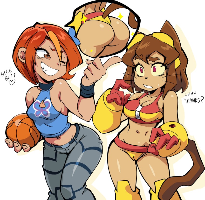 2girls animal_ears anthro ass big_breasts breasts brown_eyes brown_hair brunette burgundy_eyes butterfly_(planetronika) cameltoe child_bearing_hips compliment crossover fat_ass female female_focus female_only gameoverse glitch_productions huge_ass huge_breasts human human_female kit_(gameoverse) large_ass large_breasts lewdamone planetronika slim_waist swimwear thick_thighs thighs two_piece_swimsuit wide_hips