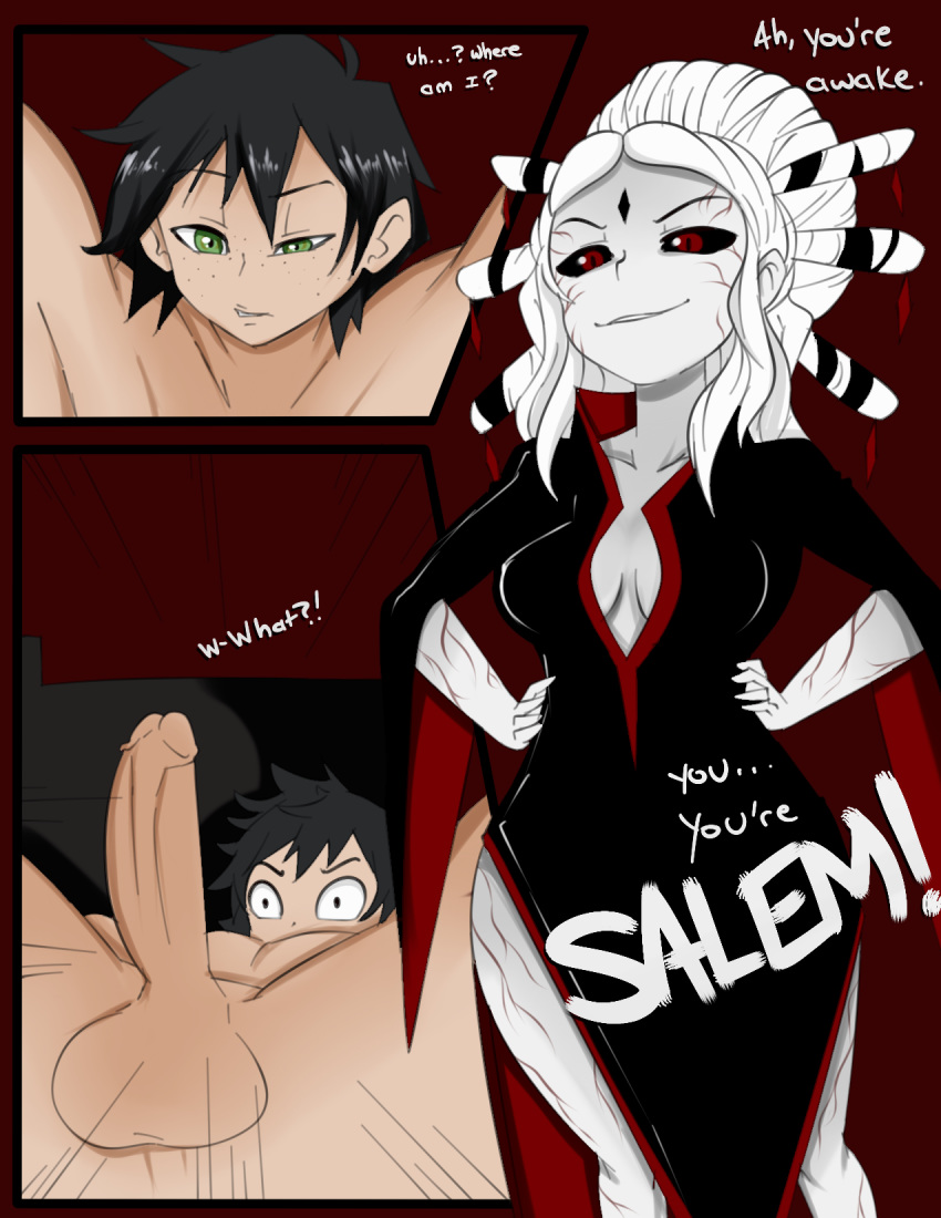 balls black_sclera breasts captured cleavage clothed_female_nude_male comic dress female female_focus femdom hair_bun hands_on_hips inuyuru male malesub nude_male_clothed_female older_female oscar_pine penis red_eyes rwby salem_(rwby) smile smirking standing testicles text veins villainess waking_up white_hair witch_fucker