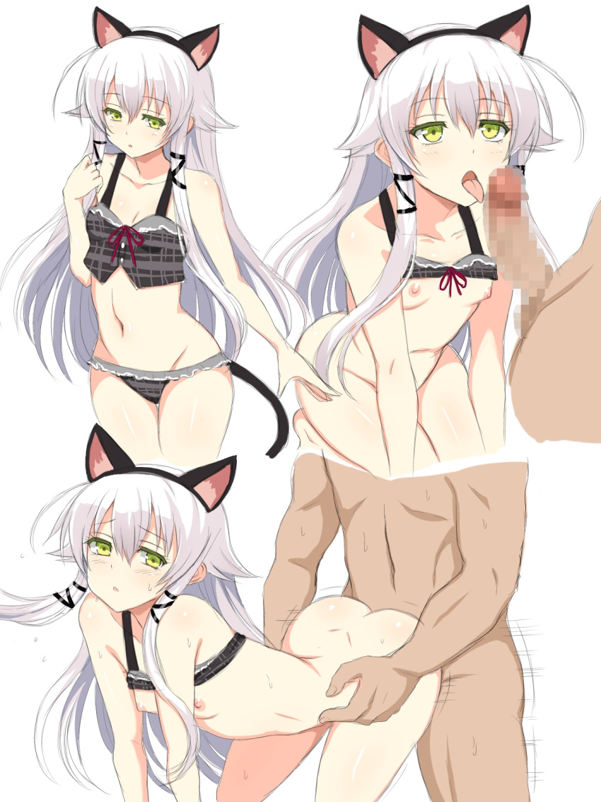 1boy 1girls all_fours altina_orion animal_ears bare_shoulders black_panties bottomless breasts camisole cat_ears cat_tail censored cleavage collarbone dark-skinned_male doggy_style eiyuu_densetsu female green_eyes hair_flaps highres imminent_fellatio imminent_oral interracial licking_penis light-skinned_female long_hair mosaic_censoring motion_lines multiple_views navel nipples open_mouth panties penis sen_no_kiseki sex sidelocks silver_hair simple_background small_breasts sweat tail tongue tongue_out torso_grab underwear white_background yaomai