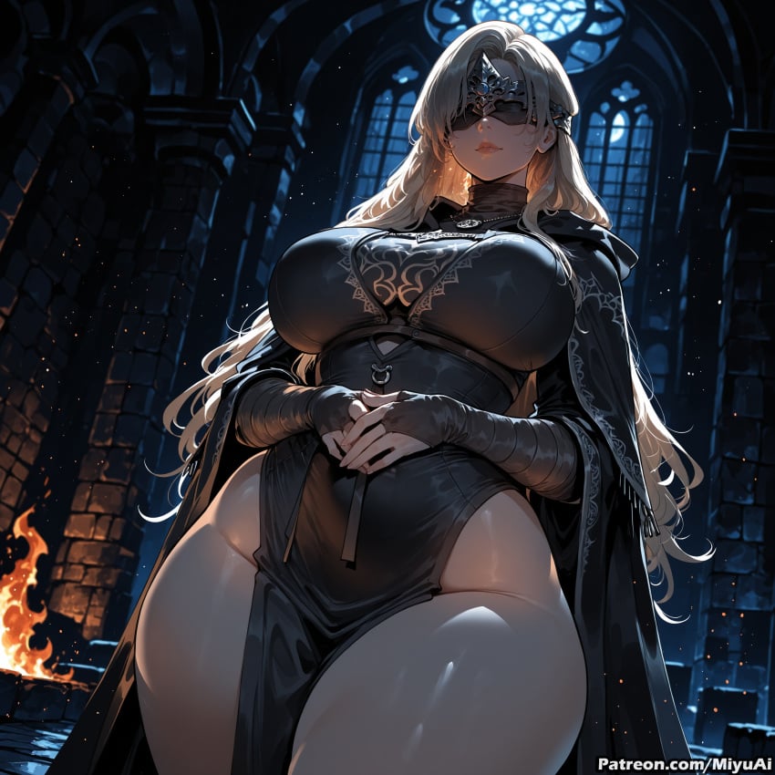 fire_keeper dark_souls_(series) miyuai ai_generated ai_assisted thick_thighs thick_ass thick thick_legs thick_hips thick_butt wide_hips wide_thighs voluptuous voluptuous_female curvy curvy_figure curvaceous curvy_female female breasts 1girl rating:safe blonde_hair long_hair solo fire thighs cape blindfold pelvic_curtain lips hands_together mole dress huge_breasts own_hands_together cloak artist_name candle cross mask silver_hair
