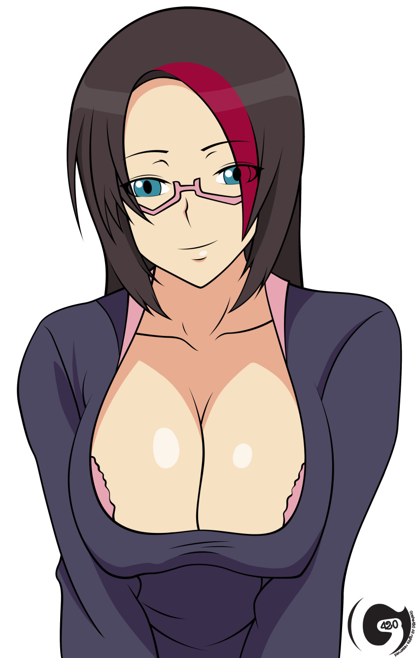 1girls academy_series big_breasts black_hair blue_eyes bra breasts cleavage fiora_laurent glasses gosha420 headmistress_fiora large_breasts league_of_legends leaning_forward looking_at_viewer megane red_highlights smile solo