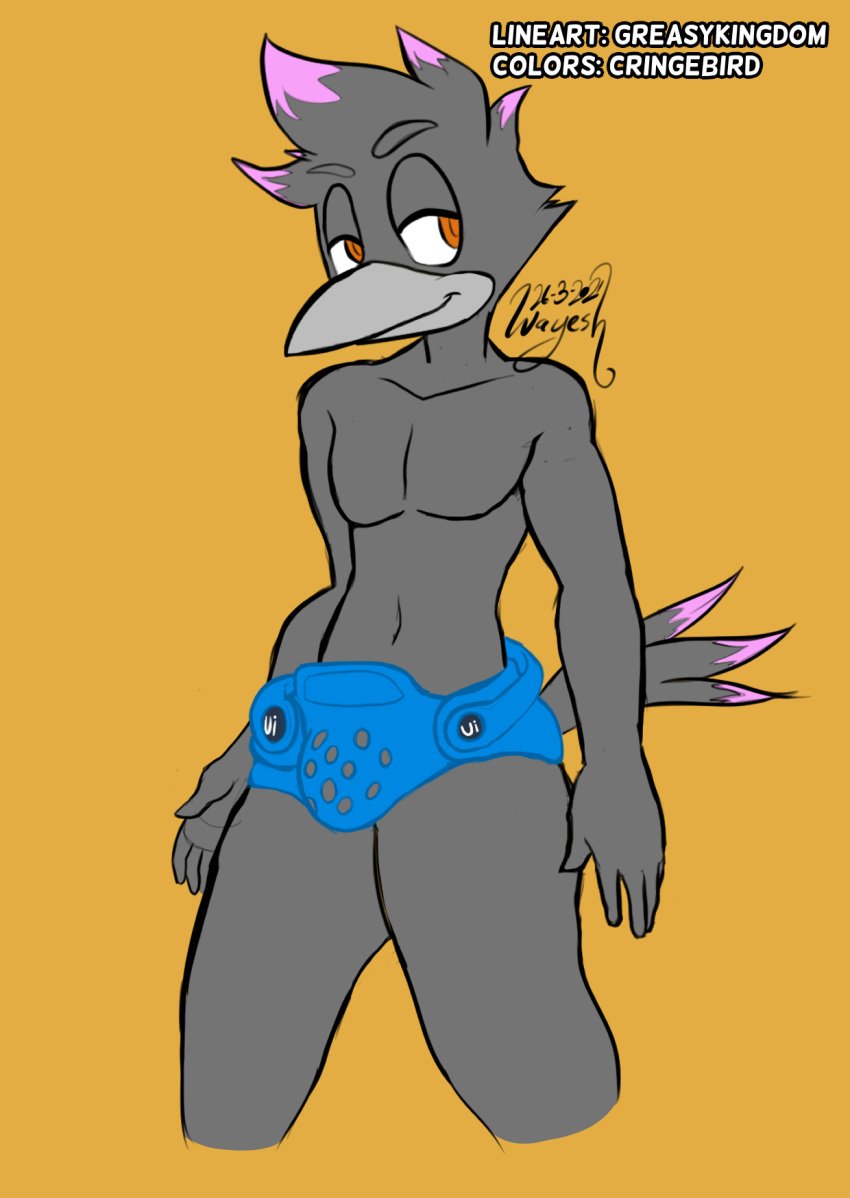 2021 anthro avian bird bulge collaboration colored colored_sketch corvid cringebird croc_underwear crocs crow daryl_(cringebird) furry greasykingdom meme meme_attire meme_clothing meme_reference nonbinary solo tagme underwear underwear_only unnecessary_inventions_(youtuber) wayesh what