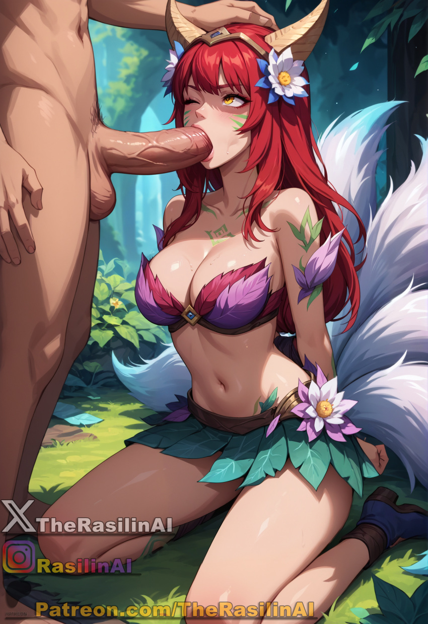 1boy ahri ai_generated arms_behind_back body_markings breasts cleavage dubious_consent elderwood_ahri fellatio female flower flower_in_hair forest hand_on_head hands_behind_back horns kneeling leaf league_of_legends lips looking_at_another male medium_breasts navel one_eye_closed oral oral_sex penis questionable_consent rasilinai red_hair stable_diffusion tagme tails thighs whisker_markings yellow_eyes