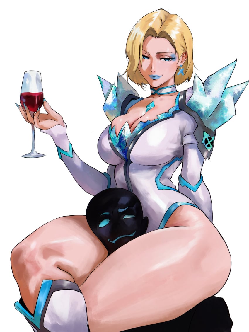 1girls blonde_female blonde_hair blue_lipstick blue_nails bob_cut breasts cleavage emma_frost emma_frost_(marvel_rivals) english_text female female_focus female_only femdom head_between_thighs headlock headscissor hi_res insomn_bion insomniaboin large_breasts leotard light-skinned_female light_skin looking_at_viewer marvel marvel_comics marvel_rivals thick_thighs thighs wide_hips