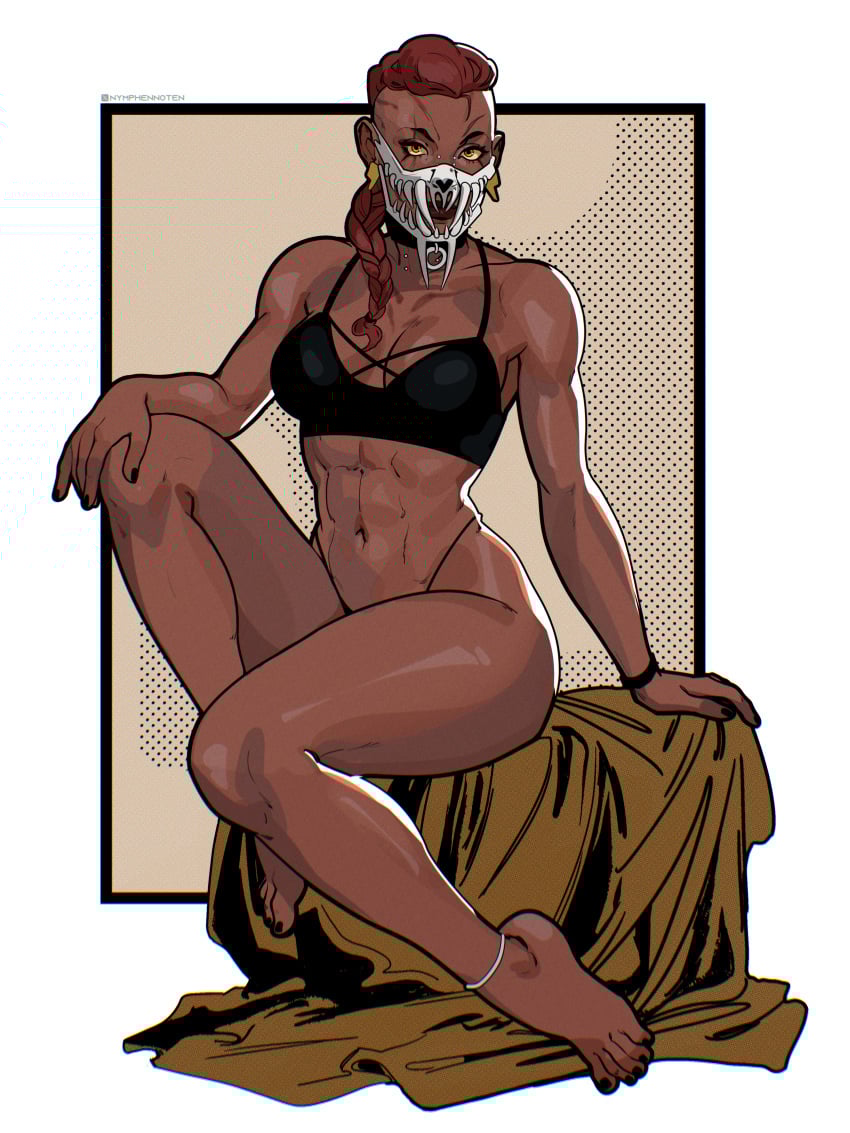 1girls abs bra braid choker dark-skinned_female dark_skin female mask masked muscular nymphennoten sith star_wars