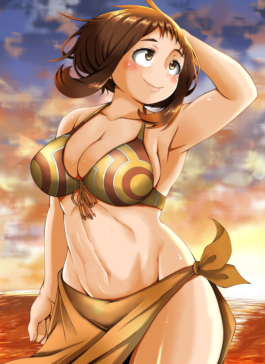 adahcm big_breasts bikini bikini_top brown_eyes brown_hair cleavage female female_only huge_breasts my_hero_academia ochako_uraraka smile solo_focus