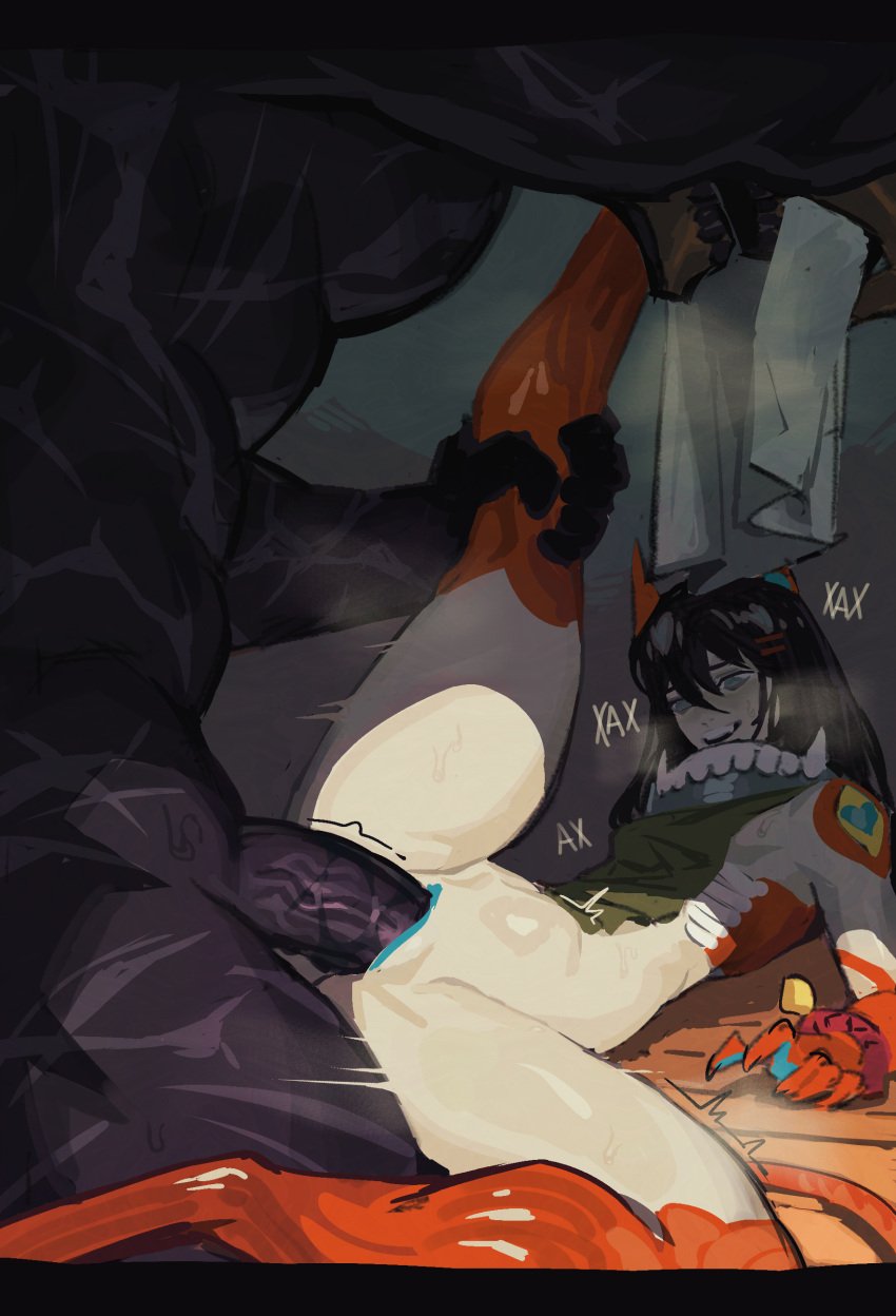 1boy1girl 1girls adorable aiko_(pirodefka) animal_ears asian_female ass bells black_body black_hair black_penis blue_tongue bone breasts canine collar dog_girl ears_up female male not_human nude nude_female orange_body orange_tail pale-skinned_female pale_skin paws penis pirodefka silly skull small_breasts smile tagme tagme_(character) tail tongue tongue_out