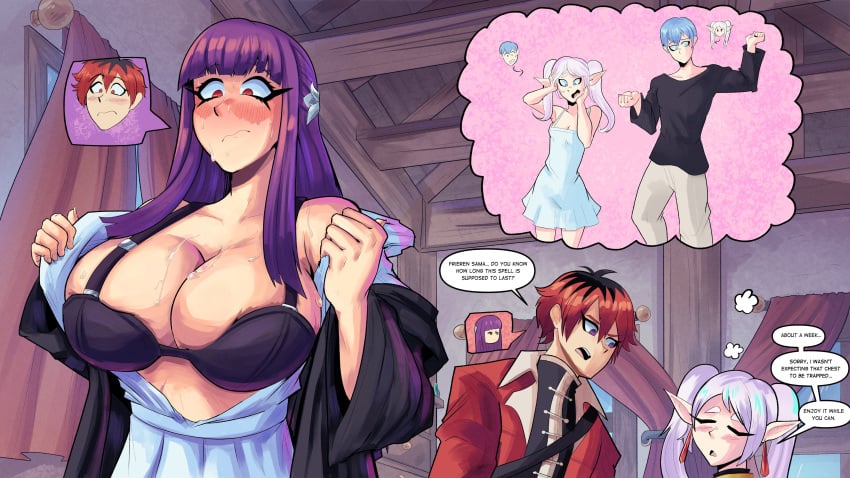blush body_swap comic_page enormous_breasts fern_(sousou_no_frieren) frieren girl himmel_(sousou_no_frieren) huge_breasts male male_in_female_body possession shy sousou_no_frieren stark_(sousou_no_frieren) sweat verteeg