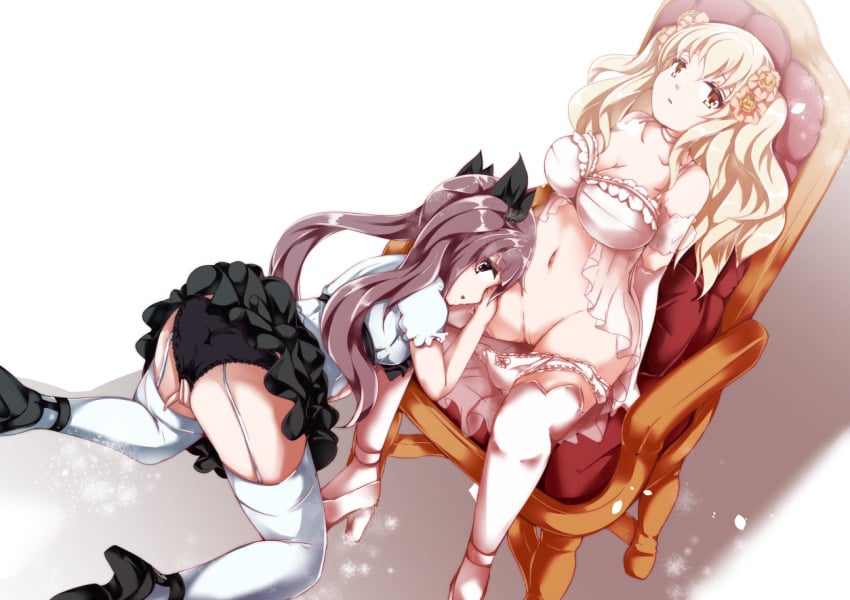 2girls babydoll black_panties blonde_hair bottomless breasts brown_eyes brown_hair chair cleavage flower garter_straps hair_flower hair_ornament large_breasts liliokajrozo long_hair masturbation medium_breasts multiple_girls navel original panties panties_around_leg panty_pull pussy sitting thighhighs twintails uncensored underwear white_legwear white_panties yuri