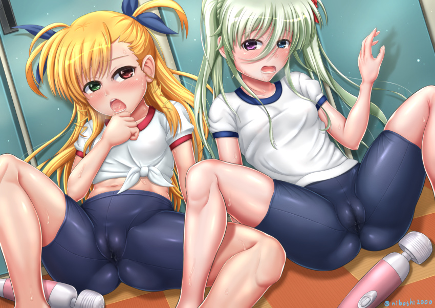 2girls bike_shorts blonde_hair blush breasts cameltoe einhart_stratos green_hair heterochromia lyrical_nanoha mahou_shoujo_lyrical_nanoha multiple_girls murai_niboshi navel open_mouth shorts small_breasts spread_legs vibrator vivio