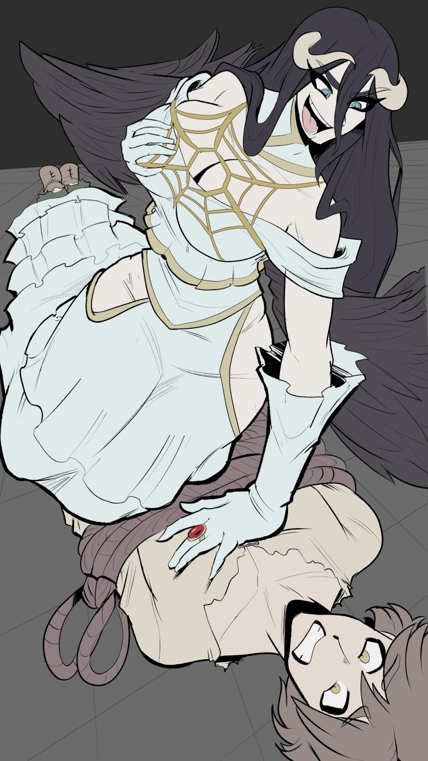 1girls albedo_(overlord) dominant dress female huge_breasts men naked prisoner revealing_clothes slave succubus verteeg