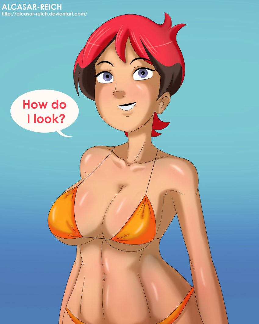 1girls alcasar-reich bikini blue_background blue_eyes blush breasts brown_hair cleavage dialogue humanized large_breasts margaret_smith_(regular_show) multicolored_hair navel red_hair regular_show short_hair simple_background smile wide_hips yellow_bikini