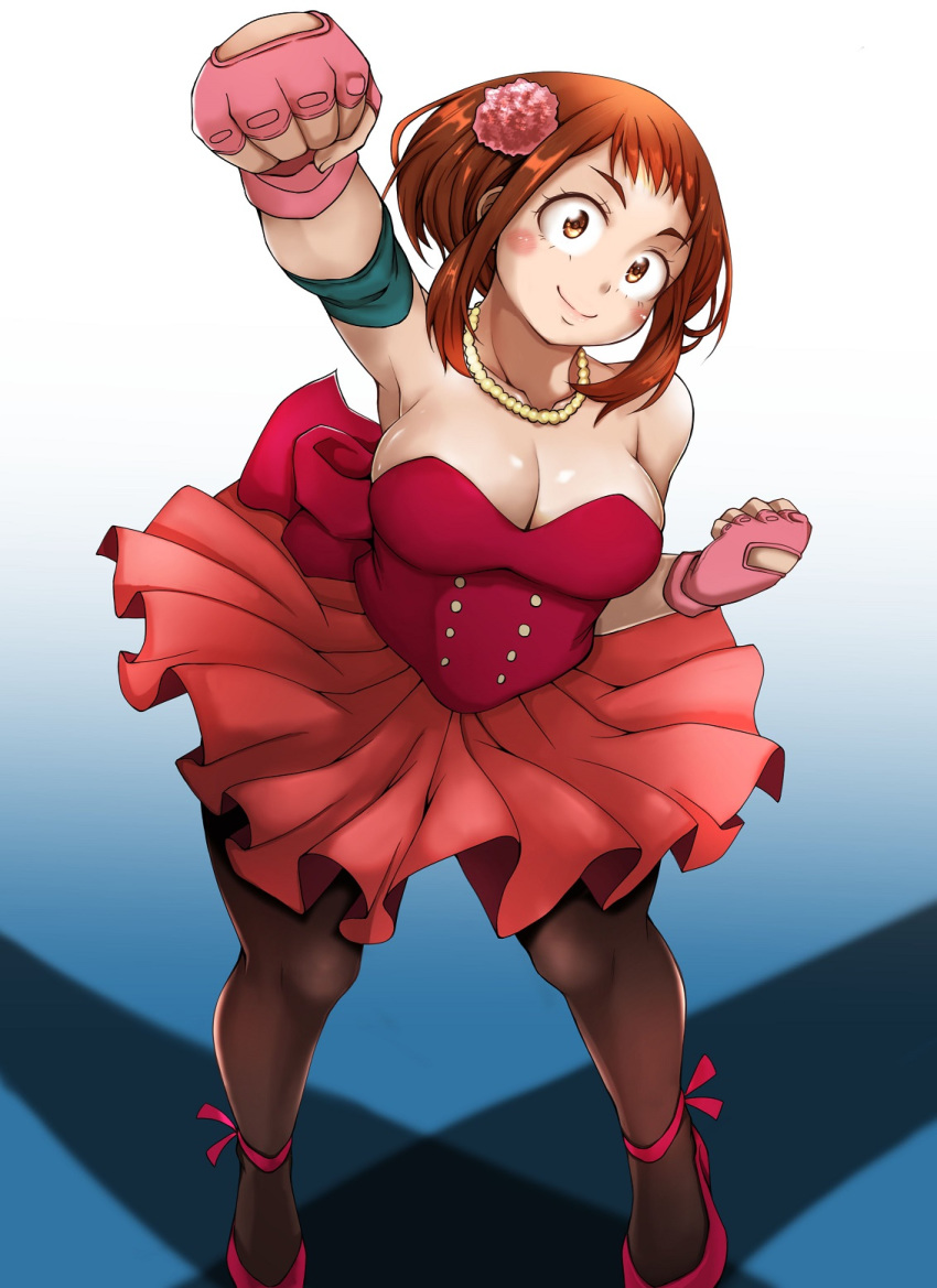 adahcm brown_eyes brown_hair cleavage dress female female_only heels large_breasts my_hero_academia ochako_uraraka smile solo_focus tights