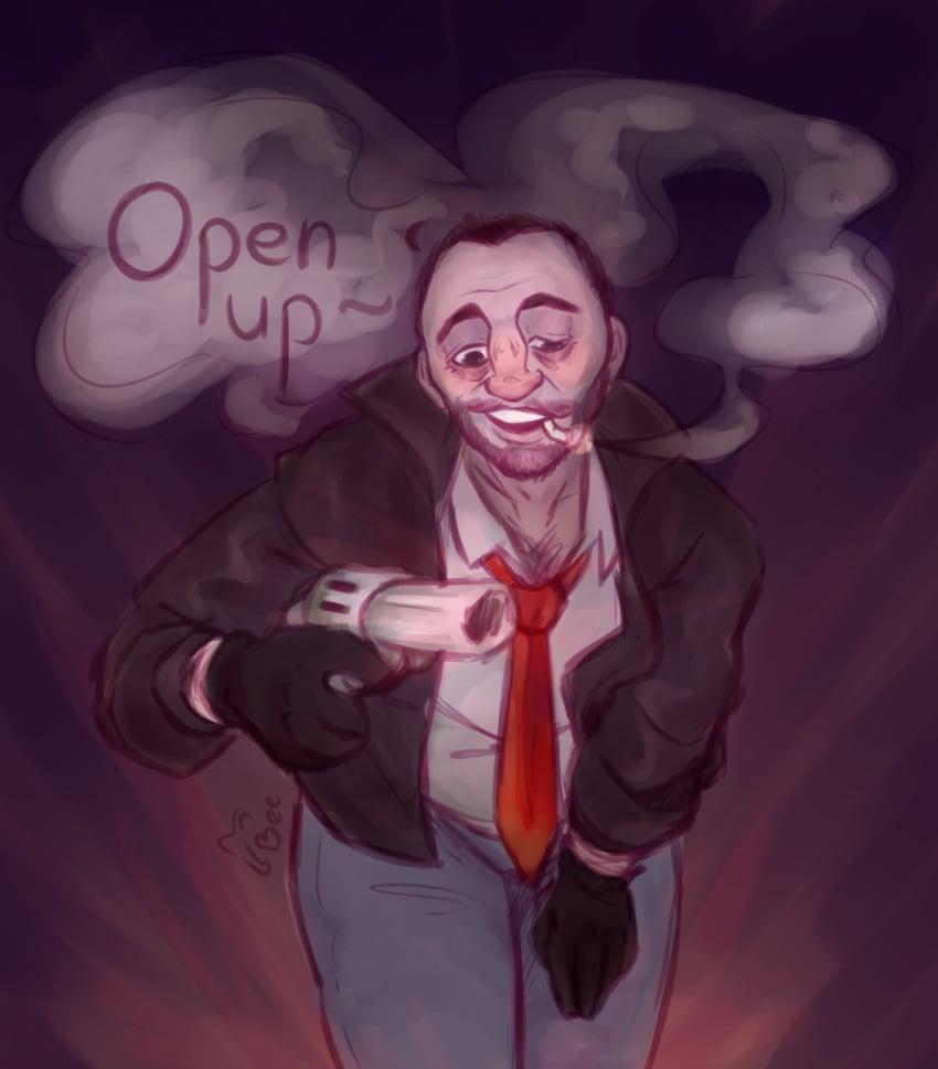 1boy clothed clothing english_text fetish gun gun_play holding_gun jarod_(road96) jeans male male_only no_genitals no_sex road96 smoke solo solo_male tagme talking talking_to_viewer text