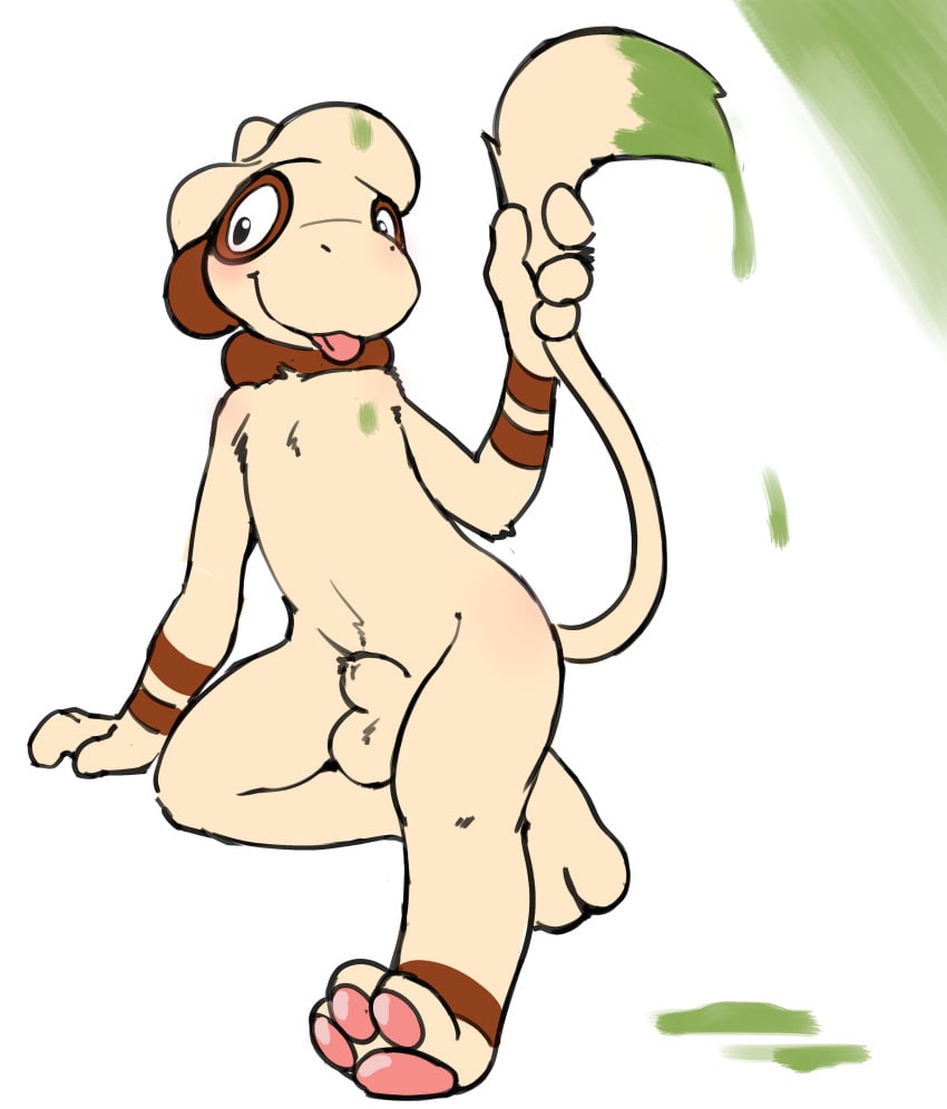 2025 3_toes 4_fingers absurd_res animal_genitalia anthro balls biped black_eyes blush brown_body brown_ears brown_fur dipstick_tail featureless_chest feet fingers fully_sheathed fur generation_2_pokemon genitals green_paint hi_res holding_own_tail leaning leaning_sideways male male_anthro mammal markings miau multicolored_body multicolored_fur nintendo nude nude_anthro nude_male paint pawpads paws pink_pawpads pink_tongue plantigrade pokemon pokemon_(species) sheath simple_background sitting smeargle snout solo tail tail_markings tail_tuft tan_balls tan_body tan_fur tan_sheath toes tongue tongue_out tuft two_tone_body two_tone_fur white_background
