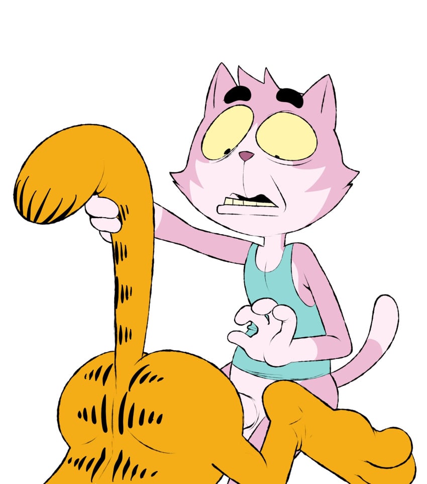 3_fingers 3_toes anal ankles anthro ass bottomless cat disgusted erection eroborus feline funny furry furry_only garfield_(series) garfield_the_cat gay long_feet looking_at_ass male male_only pink_fur raised_tail roz simple_background tail tail_grab tank_top thick_eyebrows two_tone_fur white_background white_countershading wide_eyed yaoi yellow_sclera