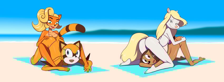 4girls animaniacs anoneysnufftan anthro anthro_on_anthro applying_sunscreen beach beach_towel bikini blonde_hair blue_eyes blurry_background brandy_&amp;_mr_whiskers brown_body canine coco_bandicoot crash_(series) disney disney_channel embarrassed face_down_ass_up female female_only furry furry_only green_eyes humiliation imminent_death killer_lotion marine_the_raccoon massage minerva_mink murder orange_body peril punishment raccoon rubbing sand seaside sinfulline snuff sonic_(series) summer sunbathing swimsuit tail tiffany_turlington towel white_body